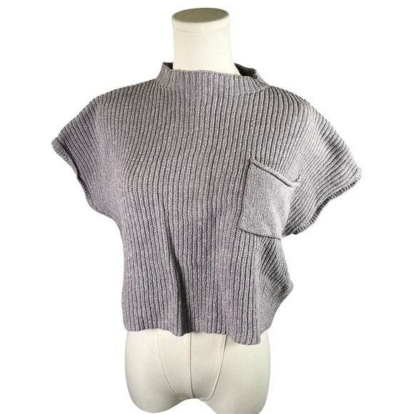 FP Beach Free People Gray Ribbed Knit Cropped Short Sleeve Sweater Top Small - Picture 1 of 14